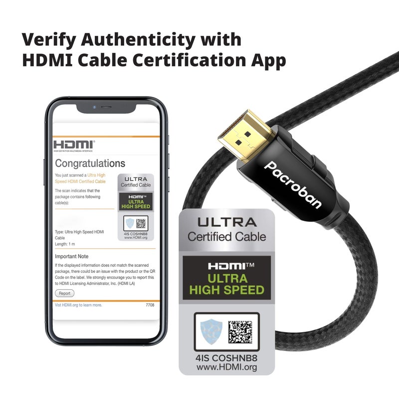 Pacroban eARC HDMI Cable 10FT Cable for Soundbars [Premium Certified Ultra High Speed] HDMI 2.1 Cord, 48Gbps, 4K 120Hz, 8K 60Hz | Dolby Atmos Audio, Dynamic HDR, HDCP, Dolby Vision, Ethernet - Image 2